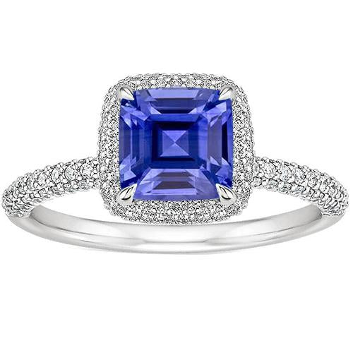 Anello da donna con pavé di zaffiri blu taglio Asscher con diamanti in oro 3.45 carati 14K - harrychadent.it
