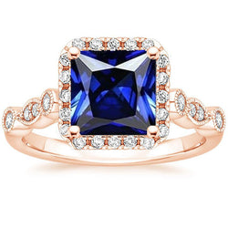 Anello da donna con pietre preziose Halo Princess Ceylon Sapphire 6 carati in oro rosa