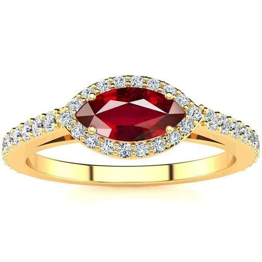 Anello da donna con rubino taglio marquise rosso e diamante 3.50 carati in oro giallo 14K - harrychadent.it