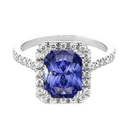 Anello da donna con zaffiro blu intenso Halo Radiante e diamanti 3.50 carati