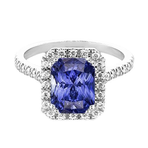 Anello da donna con zaffiro blu intenso Halo Radiante e diamanti 3.50 carati - harrychadent.it