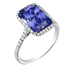 Anello da donna con zaffiro blu radiante Halo 4 carati con accento di diamanti