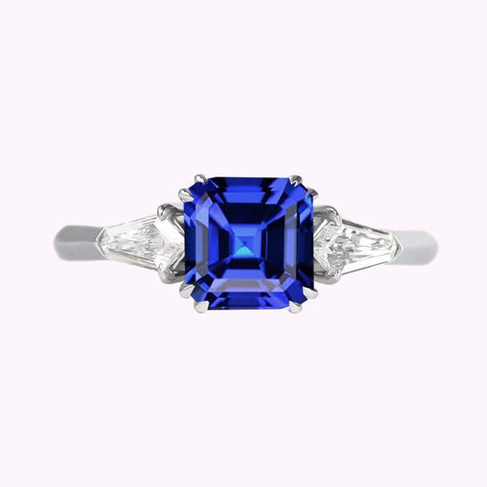 Anello da donna con zaffiro taglio Asscher 2.50 carati con diamanti baguette affusolati - harrychadent.it