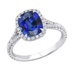 Anello da donna con zaffiro taglio cuscino Halo con pavé di diamanti 4 carati