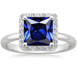 Anello da donna in oro bianco con diamanti Halo Princess Blue Sapphire 5.50 carati