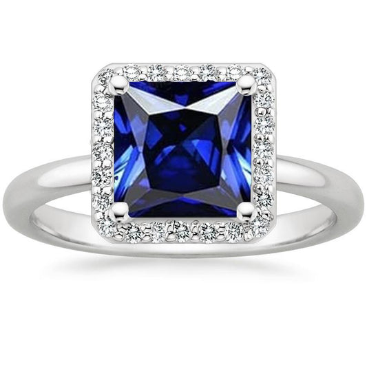 Anello da donna in oro bianco con diamanti Halo Princess Blue Sapphire 5.50 carati - harrychadent.it