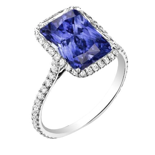 Anello da donna in oro bianco con diamanti. zaffiro taglio radiante Halo 4 carati - harrychadent.it