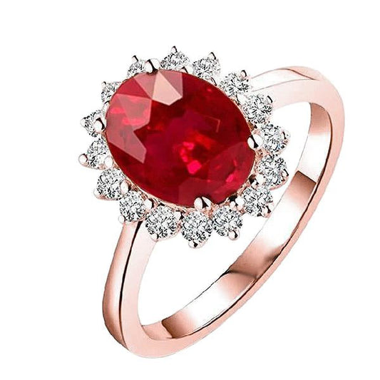 Anello da donna in oro rosa 14K con rubini a taglio ovale e diamanti rotondi 8.50 ct - harrychadent.it