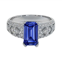 Anello da donna in stile vintage con zaffiro blu smeraldo e diamanti 9.75 carati