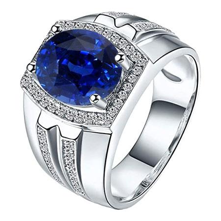 Anello da uomo con diamante ovale blu zaffiro 4 carati oro bianco 14K