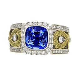 Anello di diamanti con cuscino in zaffiro blu dello Sri Lanka 3,25 carati bicolore 14K