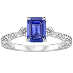 Anello di fidanzamento 3 pietre zaffiro blu smeraldo e diamante 3.50 carati