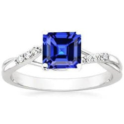 Anello di fidanzamento Asscher con zaffiro e diamante. gambo intrecciato. 2 carati d'oro