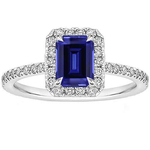 Anello di fidanzamento Halo Zaffiro Ceylon taglio smeraldo e diamante 4.25 carati - harrychadent.it