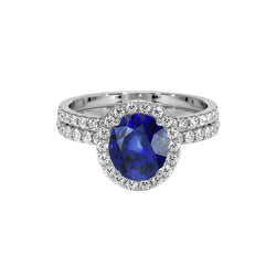Anello di fidanzamento Halo con zaffiro blu ovale Set 10.25 carati in oro bianco
