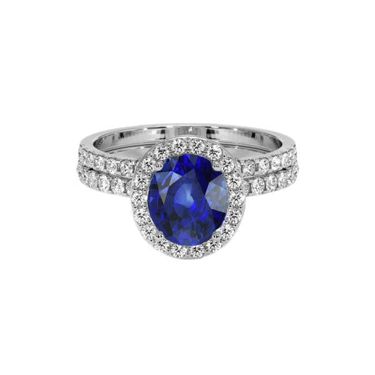 Anello di fidanzamento Halo con zaffiro blu ovale Set 10.25 carati in oro bianco - harrychadent.it