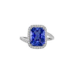 Anello di fidanzamento Tension Style con zaffiro blu Halo da 3 carati e pavé di diamanti