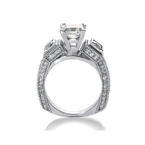 Anello di fidanzamento con 3 pietre in stile antico con diamante a gambo europeo da 2,50 ct in oro bianco 14K