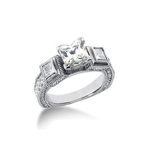 Anello di fidanzamento con 3 pietre in stile antico con diamante a gambo europeo da 2,50 ct in oro bianco 14K