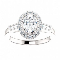 Anello di fidanzamento con 3 pietre ovale e baguette 1.30 Carati Oro bianco 14K