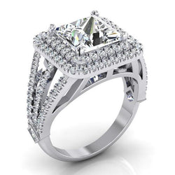 Anello di fidanzamento con diamante Halo 6 carati con gambo diviso in oro bianco 14K