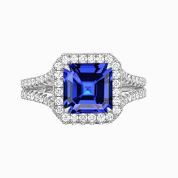 Anello di fidanzamento con diamante Halo Asscher Sapphire Gold con gambo diviso 4 carati