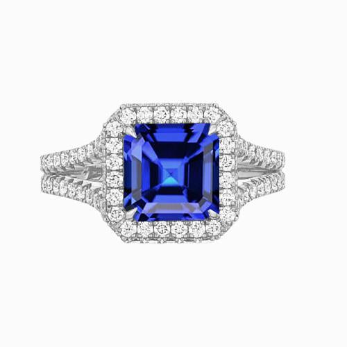 Anello di fidanzamento con diamante Halo Asscher Sapphire Gold con gambo diviso 4 carati - harrychadent.it