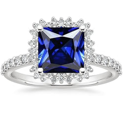 Anello di fidanzamento con diamante Halo Ceylon Sapphire Sunburst Style 6.25 carati