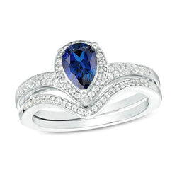 Anello di fidanzamento con diamante Halo Set zaffiro blu taglio a pera Nuovo 4 carati
