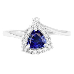 Anello di fidanzamento con diamante Halo Trillion 2 carati zaffiro blu intenso con oro bianco 14 carati