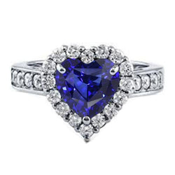 Anello di fidanzamento con diamante Halo. taglio a cuore. zaffiro blu 4 carati