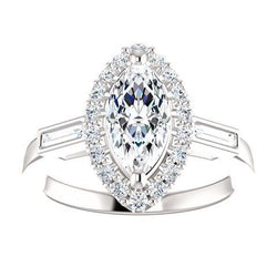 Anello di fidanzamento con diamante centrale e baguette a forma di marquise da 1,30 carati