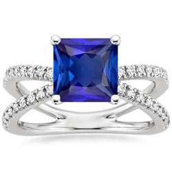 Anello di fidanzamento con diamante da donna 6.25 carati con zaffiro blu Princess Center