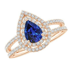 Anello di fidanzamento con diamante doppio alone pera blu zaffiro 5.75 carati