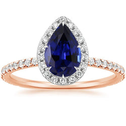 Anello di fidanzamento con diamante e zaffiro a pera di Ceylon bicolore 6 carati Nuovo