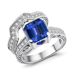 Anello di fidanzamento con diamante incastonato stile vintage zaffiro blu 3.50 carati