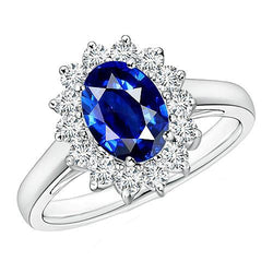 Anello di fidanzamento con diamante ovale Halo Ceylon Sapphire 6 carati stile fiore
