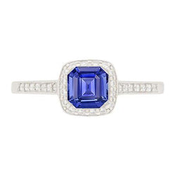 Anello di fidanzamento con diamante rotondo Halo Asscher con zaffiro blu 1.75 carati