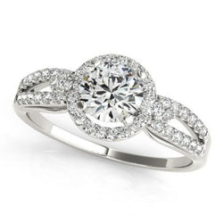Anello di fidanzamento con diamante rotondo Halo gambo diviso 1.50 carati WG 14K