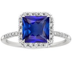Anello di fidanzamento con diamante rotondo e zaffiro blu con accenti 6 carati