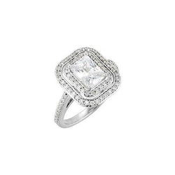 Anello di fidanzamento con diamante rotondo smeraldo e alone. 2.21 carati. oro bianco 14K