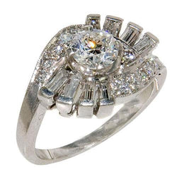 Anello di fidanzamento con diamante tondo e baguette stile vintage 2,30 carati