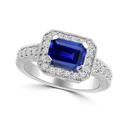 Anello di fidanzamento con diamante zaffiro blu taglio smeraldo oro 2,20 carati 14K