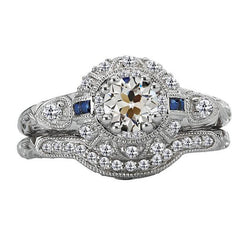 Anello di fidanzamento con diamanti a taglio antico e zaffiri in stile vintage 4 carati