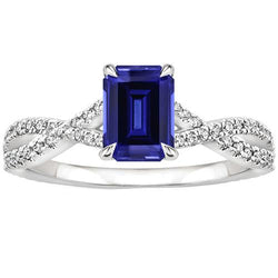 Anello di fidanzamento con pavé. zaffiro blu smeraldo e diamante 4 carati