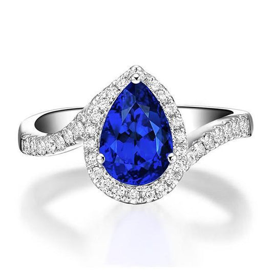 Anello di fidanzamento con pera e zaffiro di Ceylon taglio rotondo da 3.70 ct - harrychadent.it