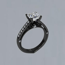 Anello di fidanzamento con principessa e diamanti rotondi da 1,51 carati in oro nero 14K