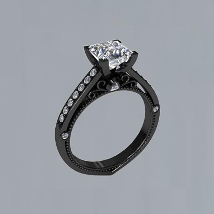 Anello di fidanzamento con principessa e diamanti rotondi da 1,51 carati in oro nero 14K - harrychadent.it