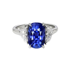 Anello di fidanzamento con tre pietre di diamanti e zaffiro blu. oro 8 carati 14K