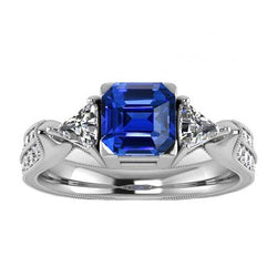 Anello di fidanzamento con trilioni di diamanti e zaffiro Asscher rotondo 2.50 carati